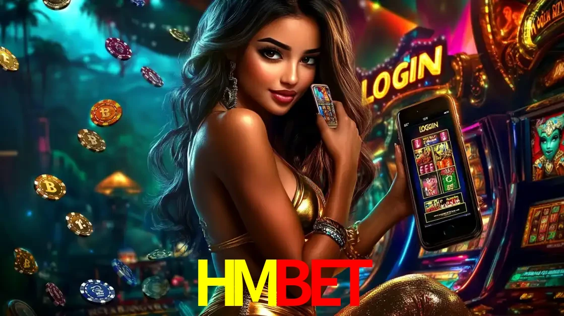 Mulher em um cenário de cassino temático de aventura, mostrando o app de caça-níqueis da HMBET no celular. Fichas de apostas flutuam ao redor.