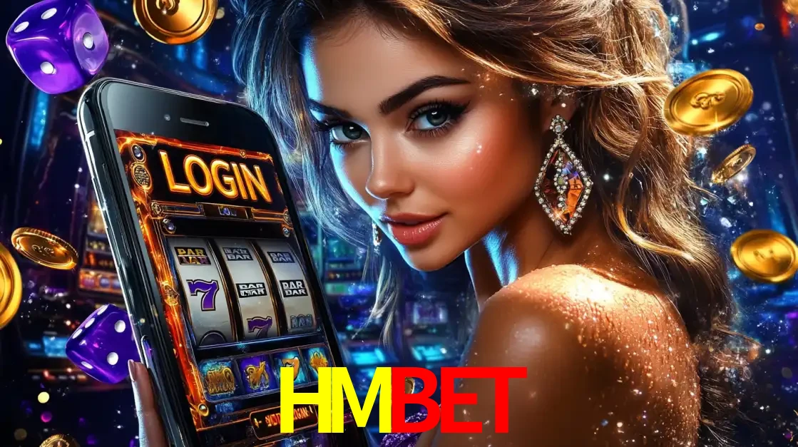 Mulher glamorosa segurando um smartphone com a tela de login para os jogos de caça-níqueis do cassino online HMBET, com moedas de ouro e dados ao redor.