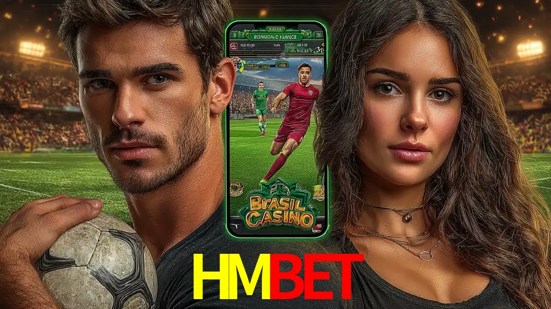Homem segurando uma bola de futebol e uma mulher ao lado de um smartphone exibindo o jogo de apostas esportivas da HMBET. Faça seu palpite no cassino online.